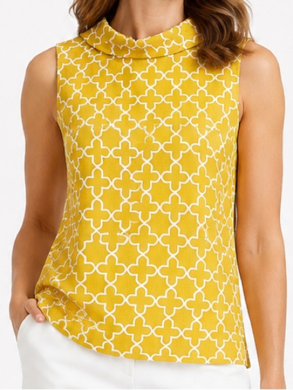 Boden Yellow 100% Linen Sleeveless Top Size 4 Geometric Print Button Down Back